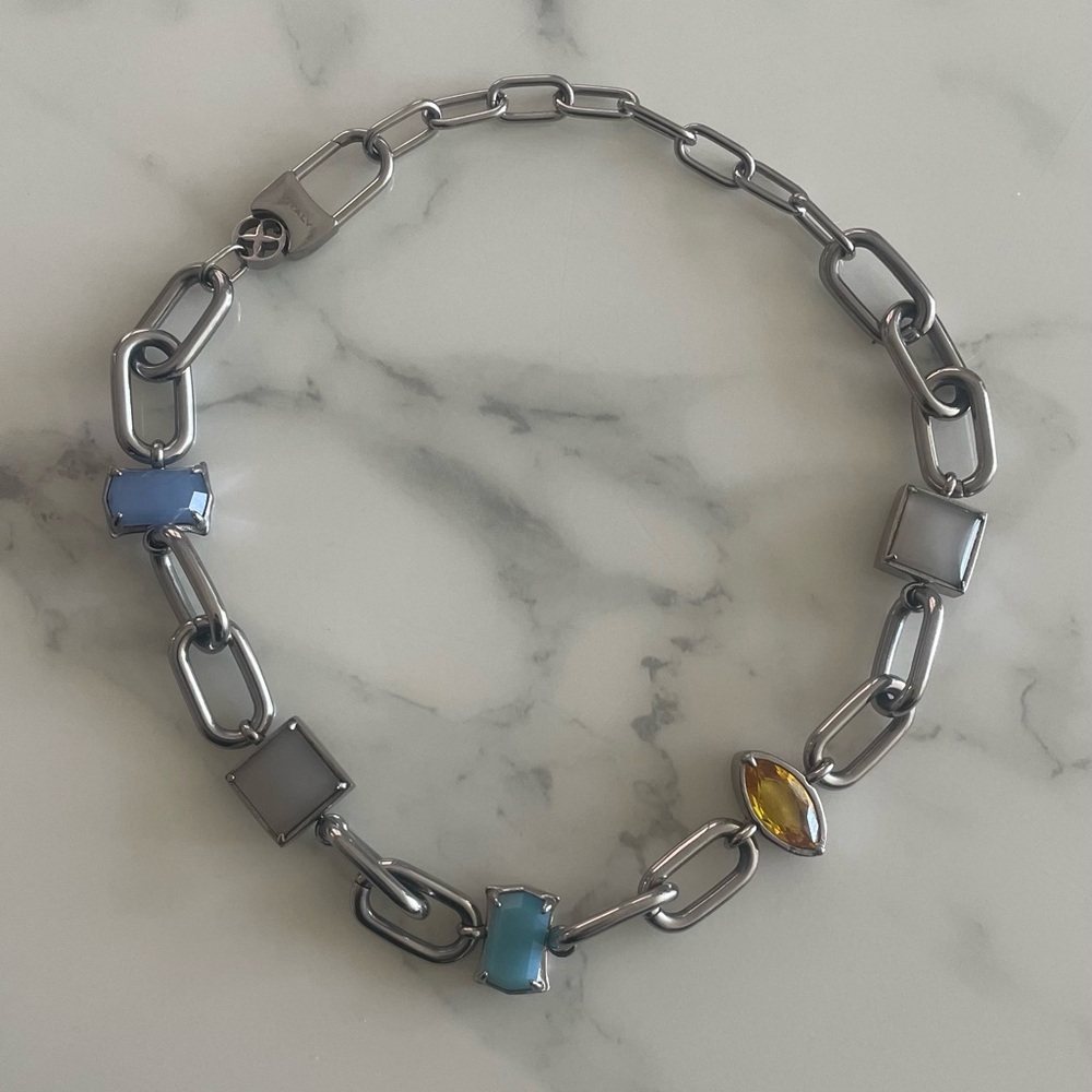 Silver-Tone Link Necklace with Blue, Light Blue, Gray and Yellow Gem Accents
